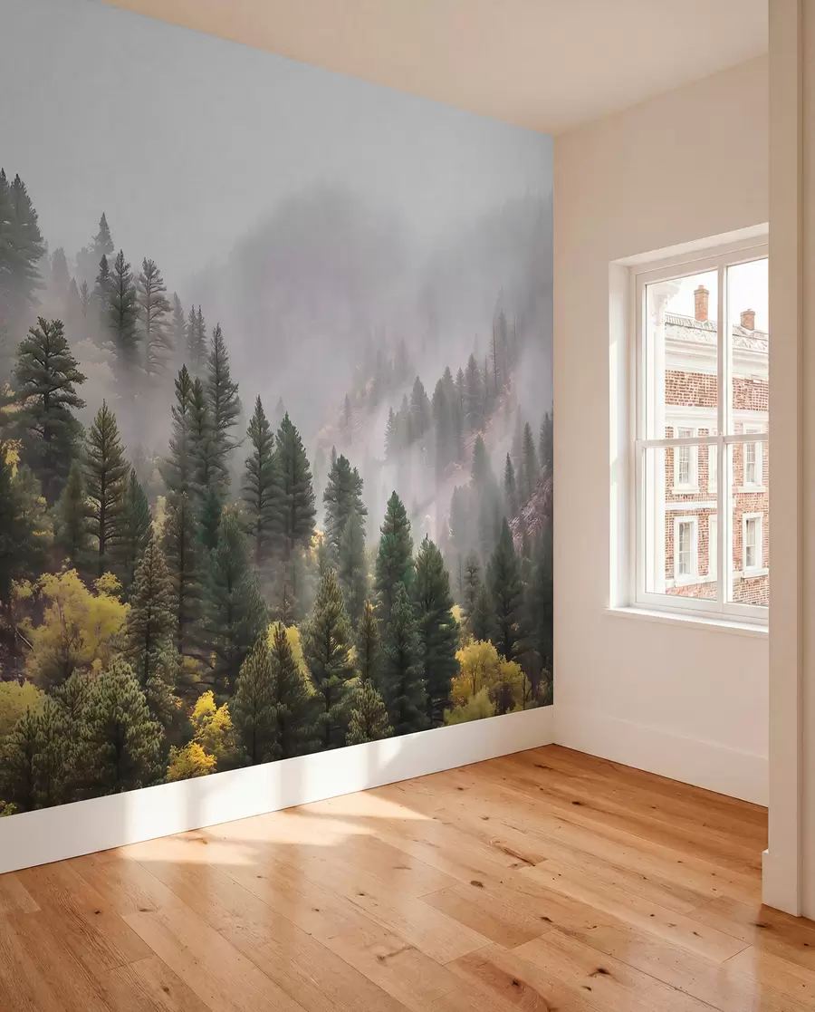 Fototapet Atmosfärisk dimma i tallskogen i bergen w09463