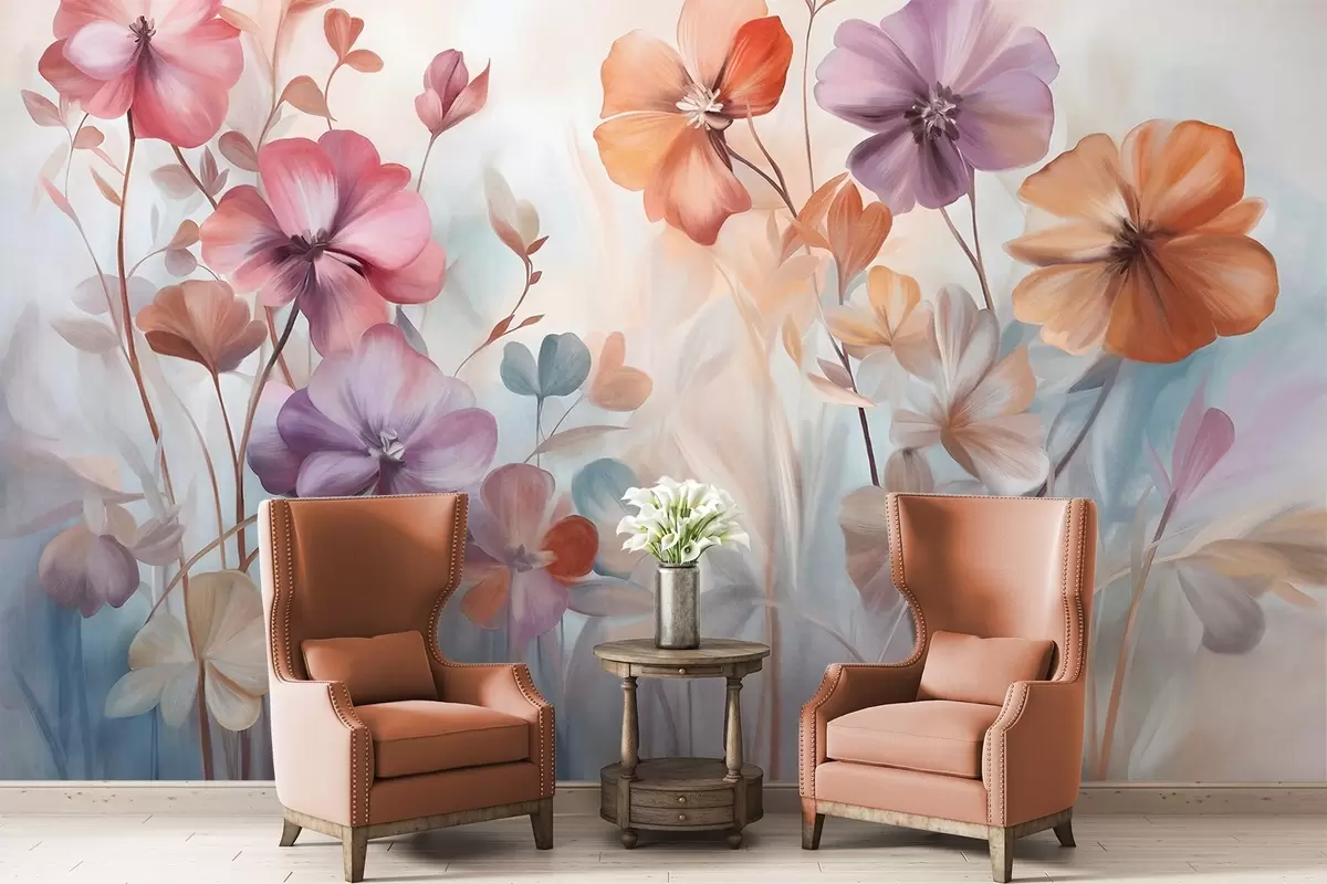 Fototapet Texturrik blomsterarrangemang med rosa, lila och orange blommor med gröna stjälkar och blad, mjuka pastellfärger w09486