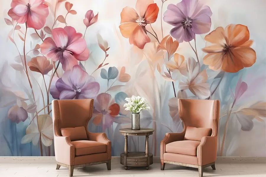 Fototapet Texturrik blomsterarrangemang med rosa, lila och orange blommor med gröna stjälkar och blad, mjuka pastellfärger w09486