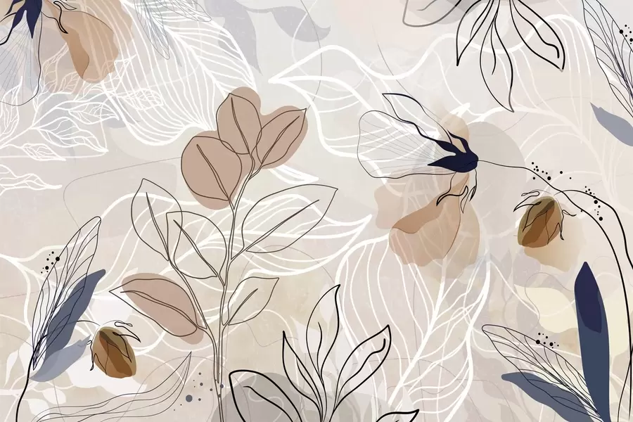 Fototapet Beige abstrakt bakgrund med blad och blommor i linjeteckning, modern, minimalistisk, organiska former, botaniskt tryck  w09487