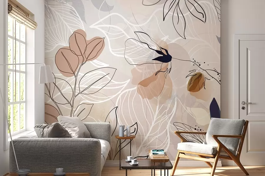 Fototapet Beige abstrakt bakgrund med blad och blommor i linjeteckning, modern, minimalistisk, organiska former, botaniskt tryck  w09487