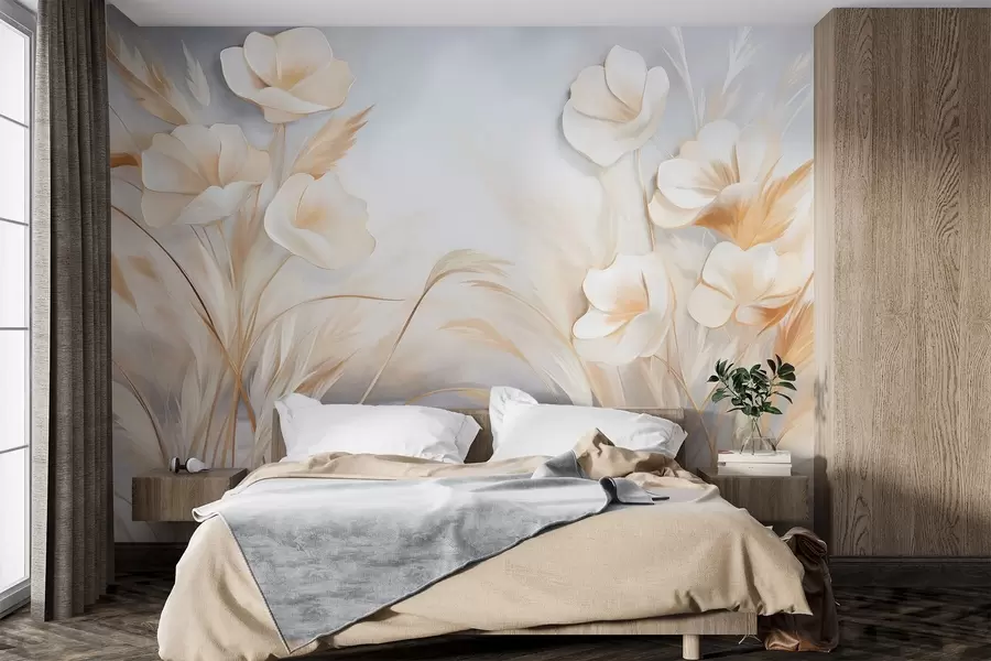Fototapet Vita blommor, beige vass och pampasgräs, texturerad, elegant, minimalistisk stil, abstrakt landskapsbakgrund w09490