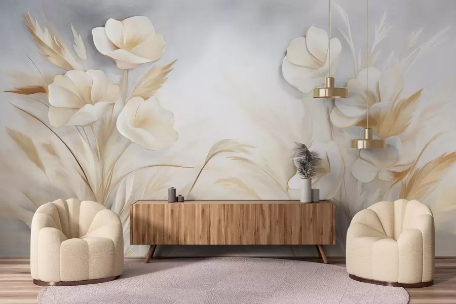 Fototapet Vita blommor, beige vass och pampasgräs, texturerad, elegant, minimalistisk stil, abstrakt landskapsbakgrund w09490