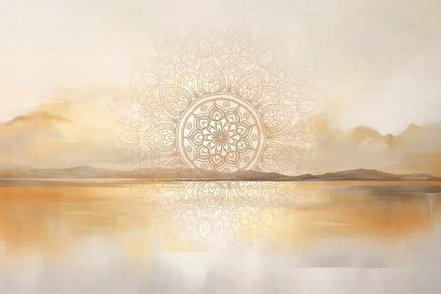 Fototapet Strukturerad symmetrisk mandala-design som överlagrar ett landskap med hav, kullar och himmel, mjuka pastellfärger w09491