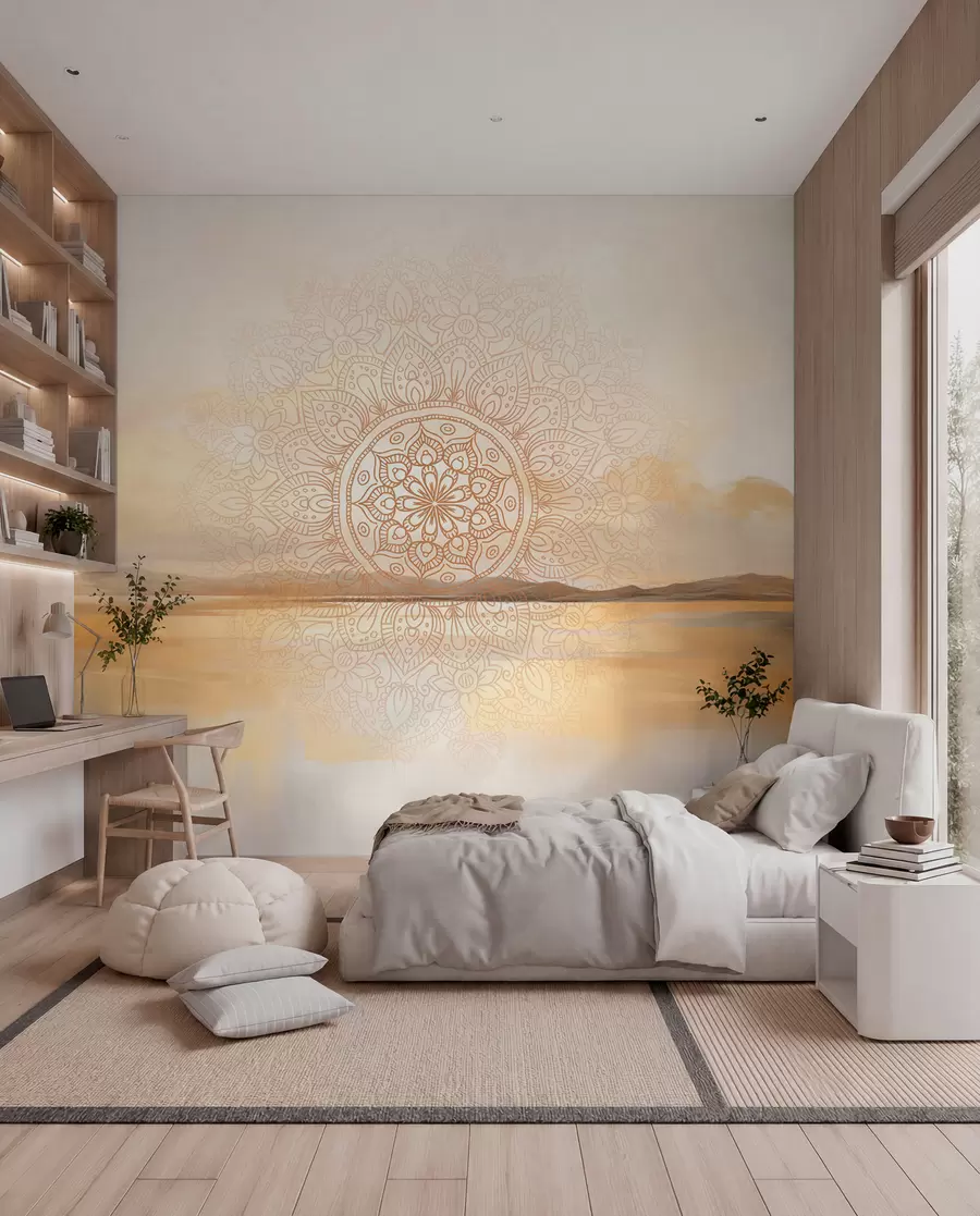 Fototapet Strukturerad symmetrisk mandala-design som överlagrar ett landskap med hav, kullar och himmel, mjuka pastellfärger w09491