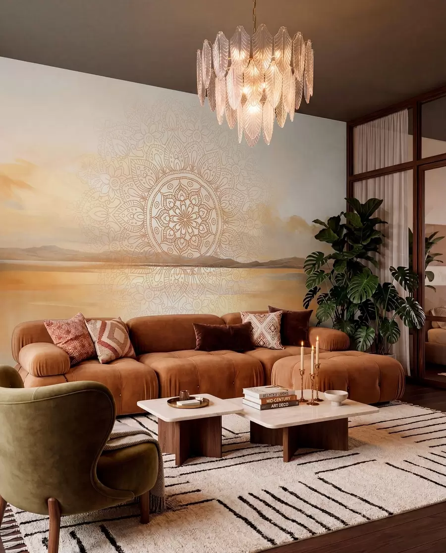 Fototapet Strukturerad symmetrisk mandala-design som överlagrar ett landskap med hav, kullar och himmel, mjuka pastellfärger w09491