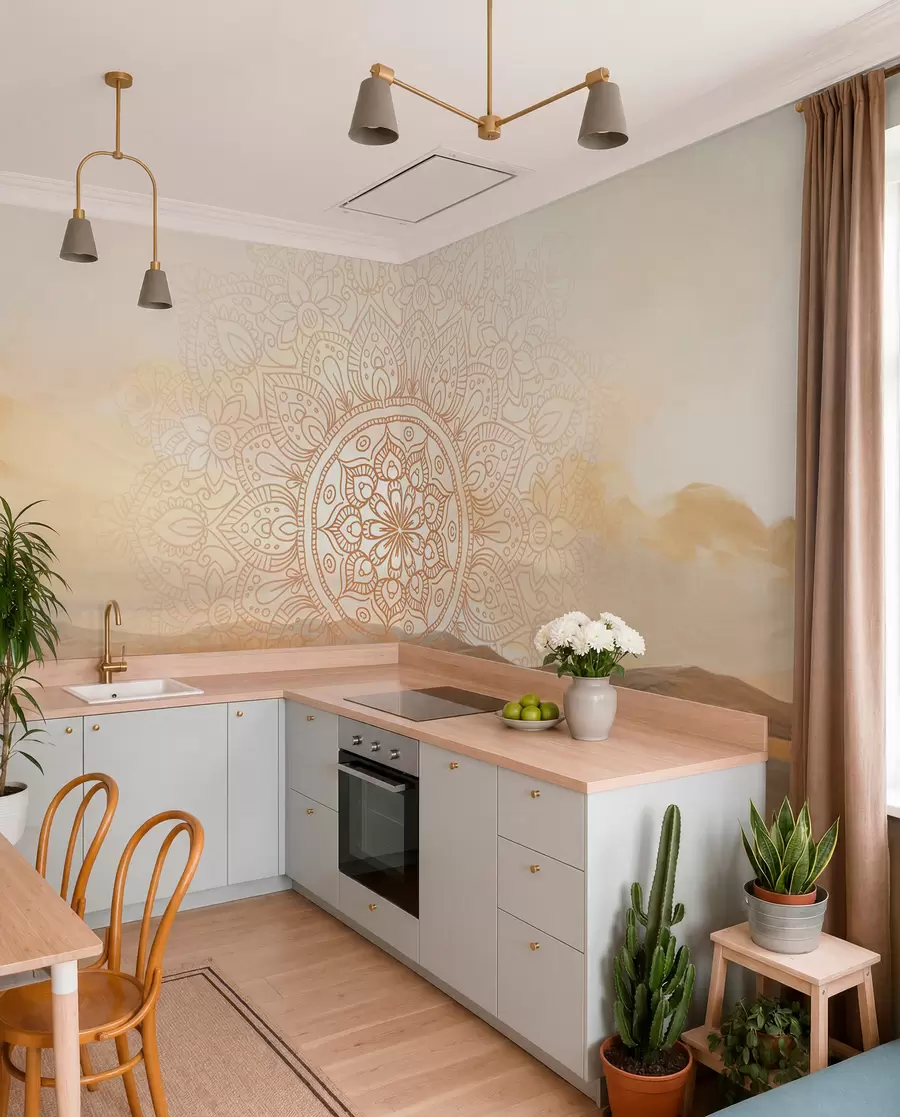 Fototapet Strukturerad symmetrisk mandala-design som överlagrar ett landskap med hav, kullar och himmel, mjuka pastellfärger w09491