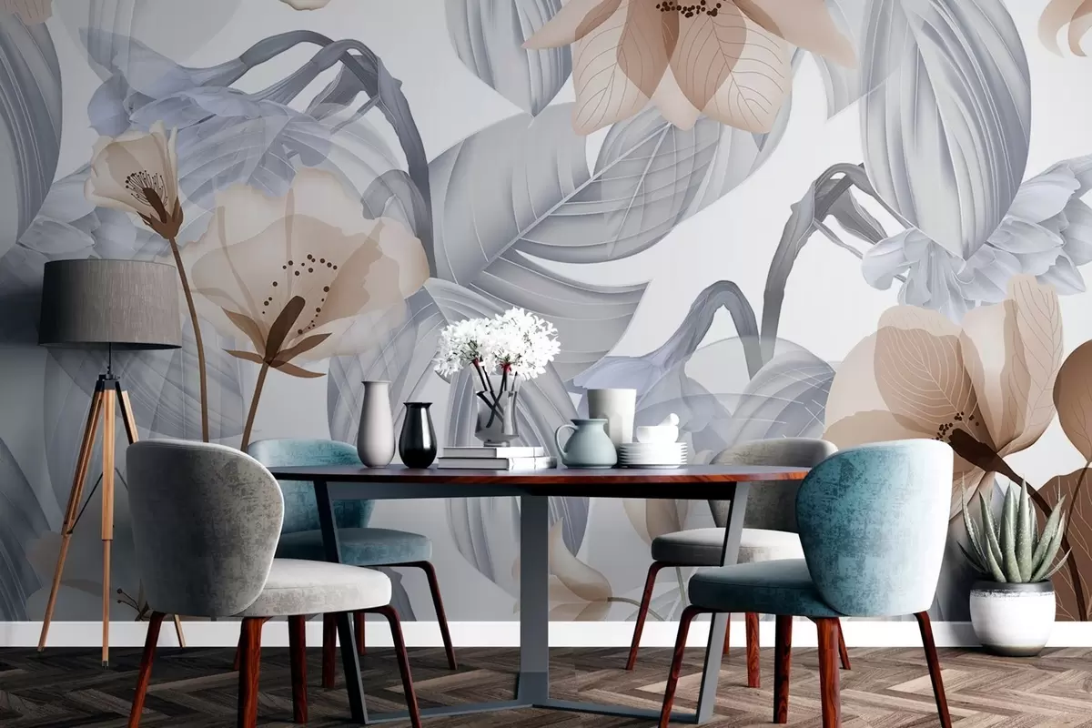 Fototapet Bruna blommor och grå blad, botanisk blommig bakgrund, elegant design, mjuka färger, lätta delikata detaljer w09497v1