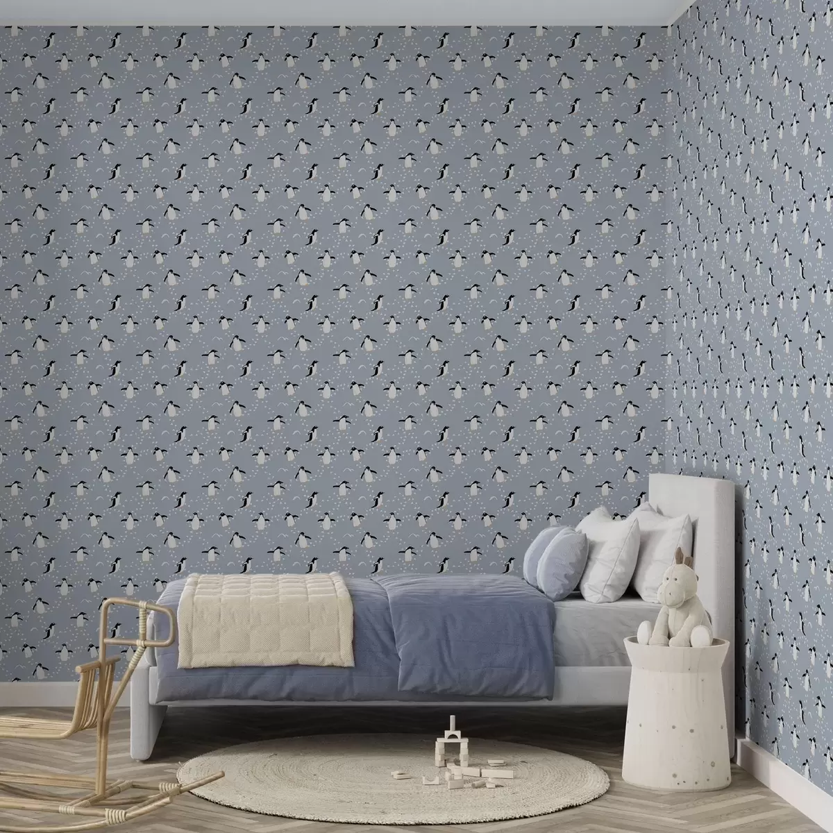 Bakgrund Pingviner på gråblått med fotavtryck a00655