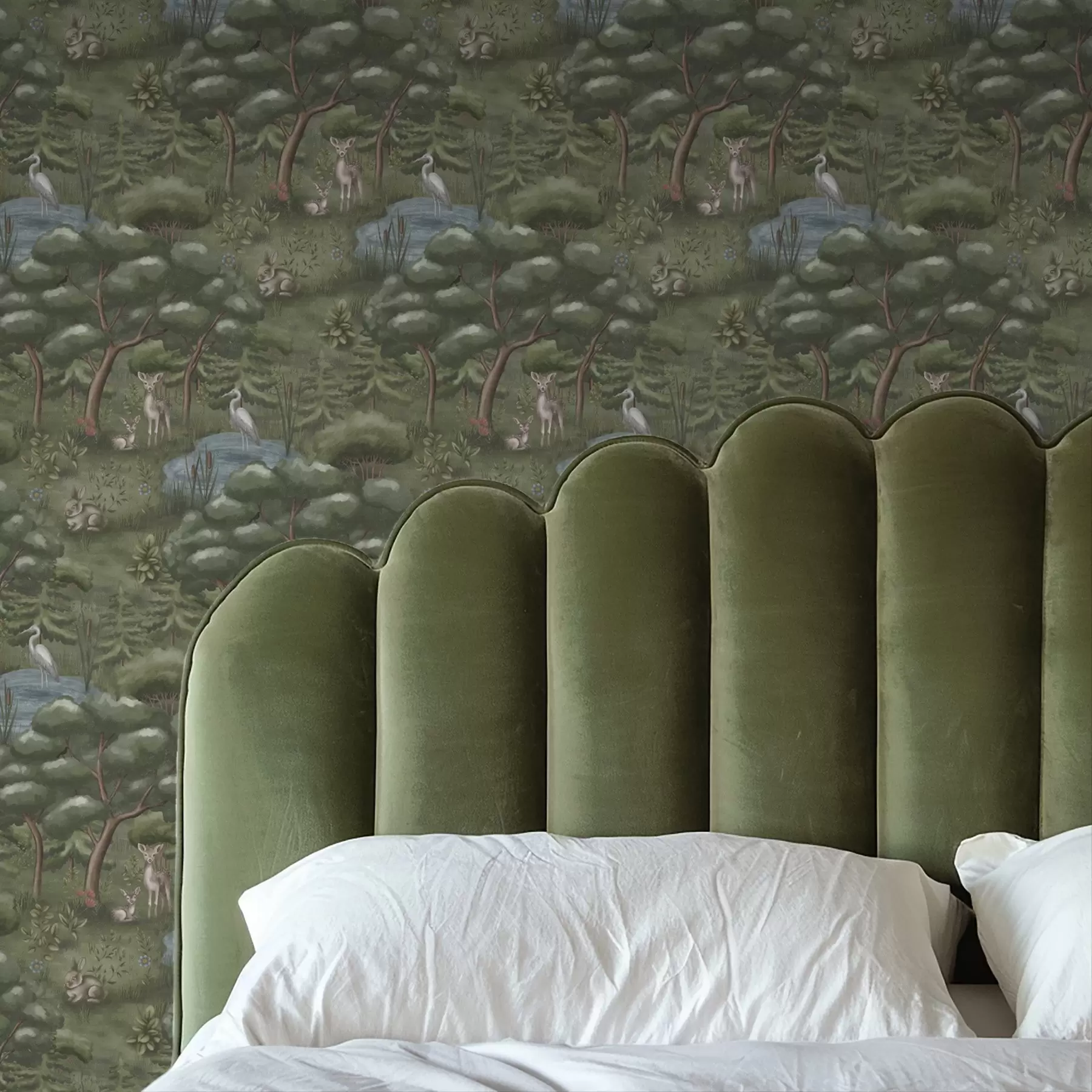 Fototapet Skogsglänta med rådjur, kaniner och hägrar a00680