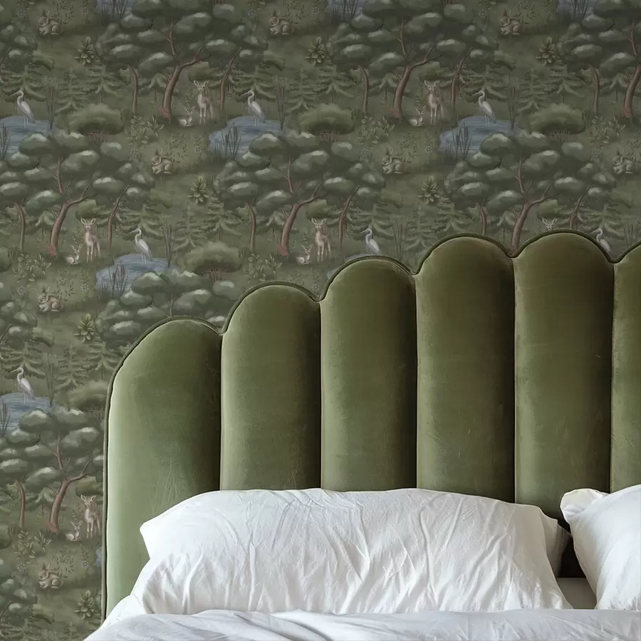 Fototapet Skogsglänta med rådjur, kaniner och hägrar a00680