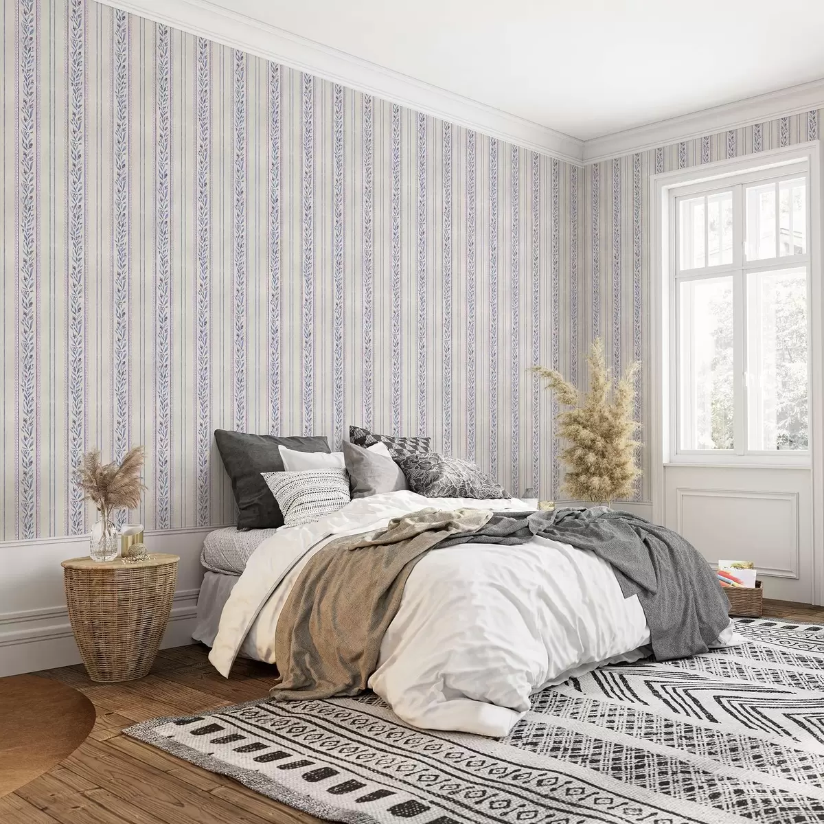 Bakgrund Vertikala ränder med lavendelgirlander, beige bakgrund a00813v1