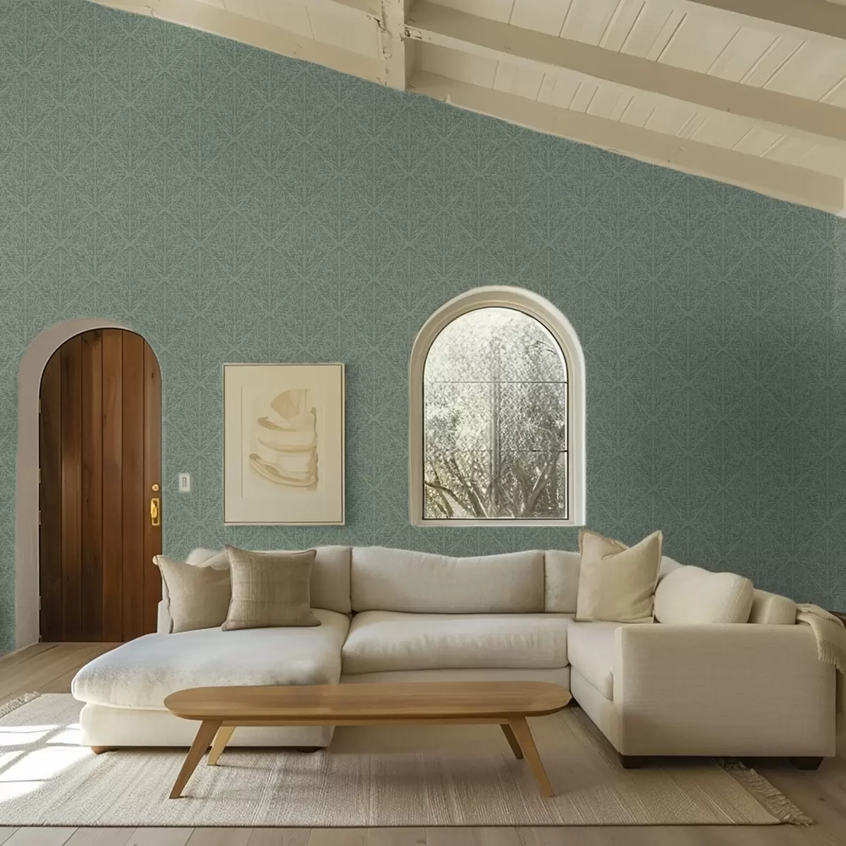 Bakgrund Fin botanisk damast i dämpad grön färg a00815v1