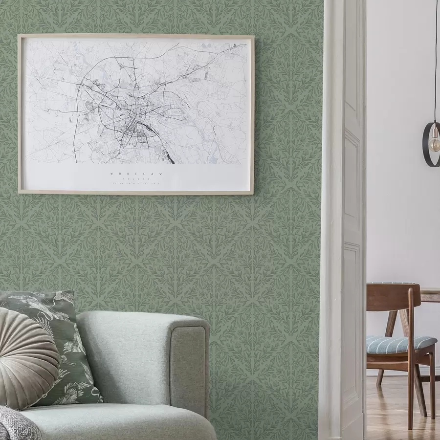 Fototapet Fin botanisk damast i dämpad grön färg a00815v1