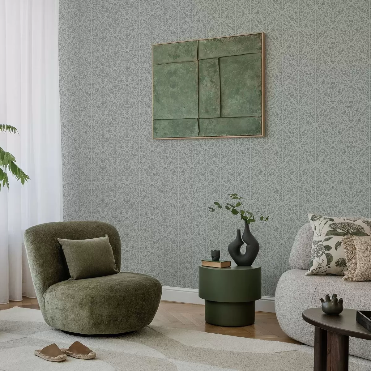 Bakgrund Botanisk damast i ljusgrått med mjuka konturer a00815v2