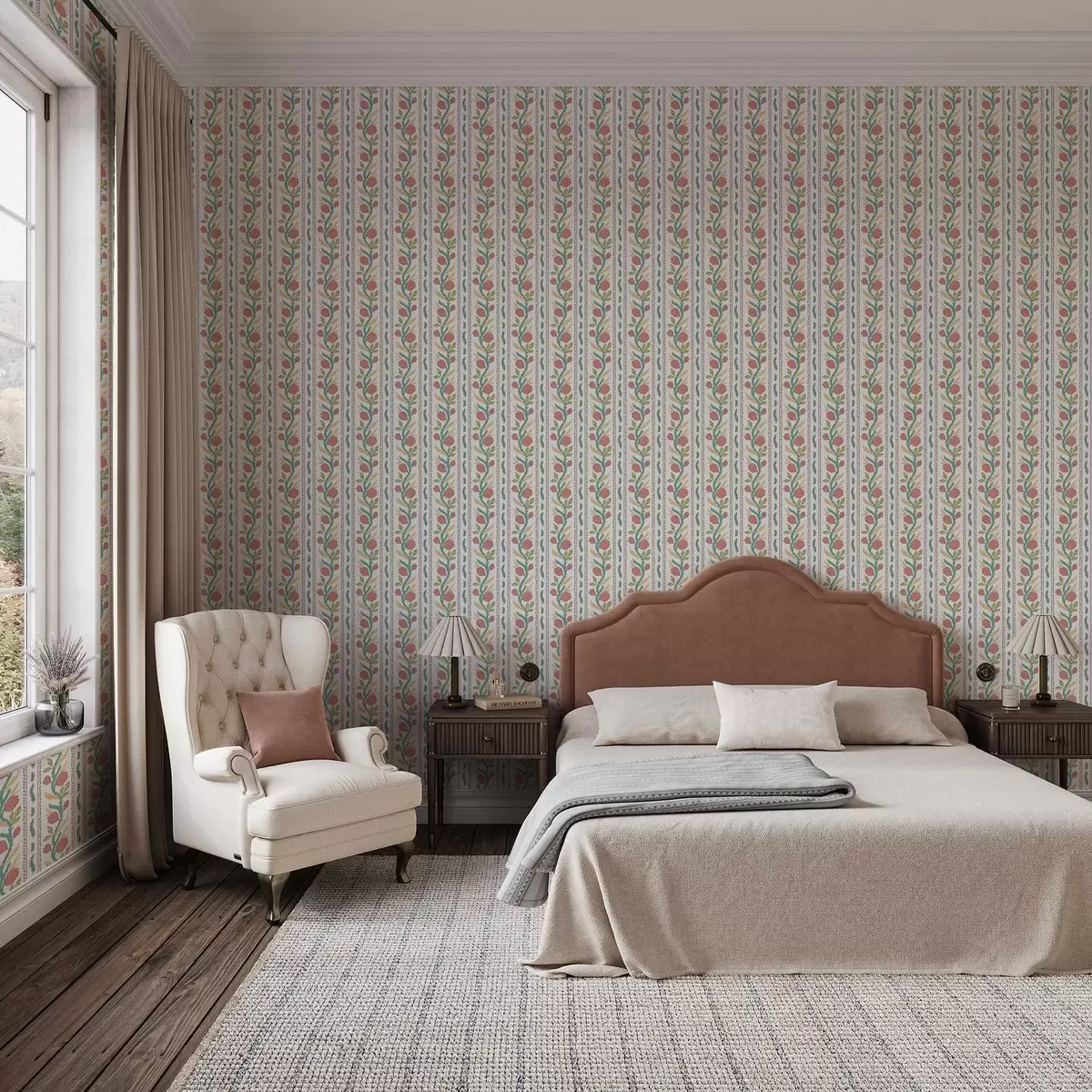 Bakgrund Vertikala ränder med korallblommor och turkosa blad a00816