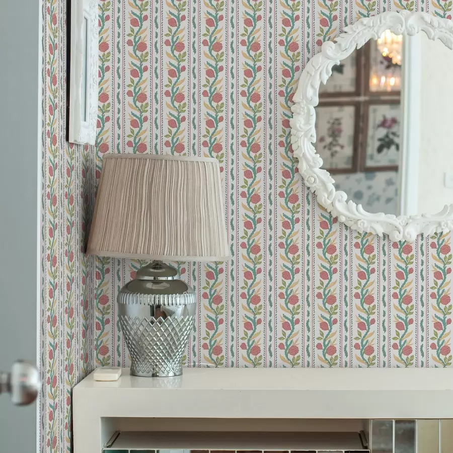 Fototapet Vertikala ränder med korallblommor och turkosa blad a00816