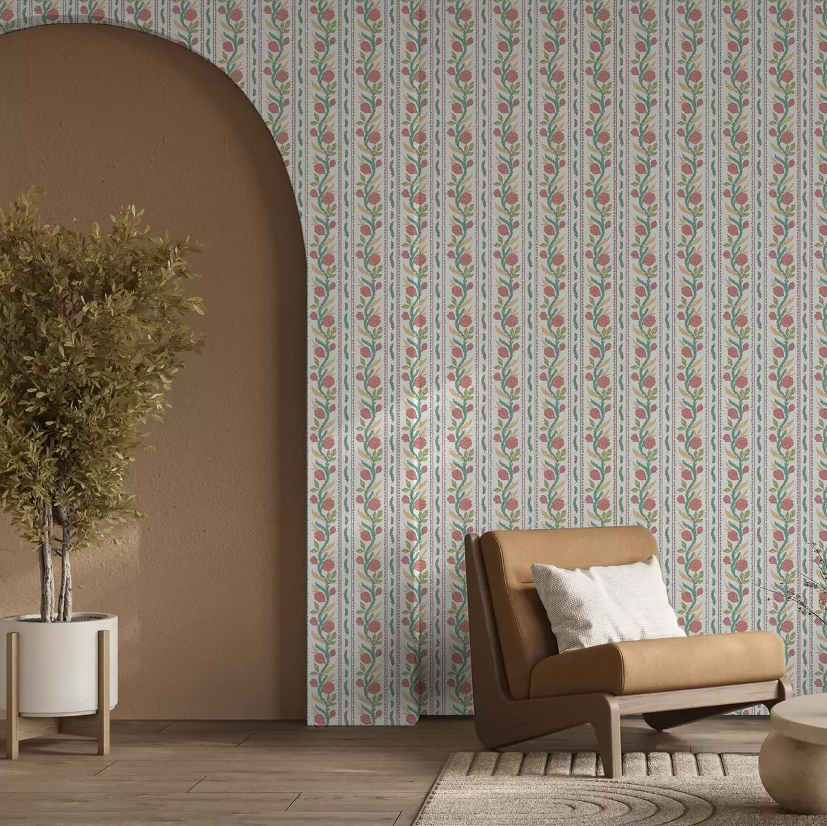 Bakgrund Vertikala ränder med korallblommor och turkosa blad a00816