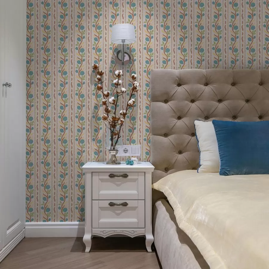 Fototapet Vertikala bukettränder med blå blommor på en varm bakgrund a00816v3