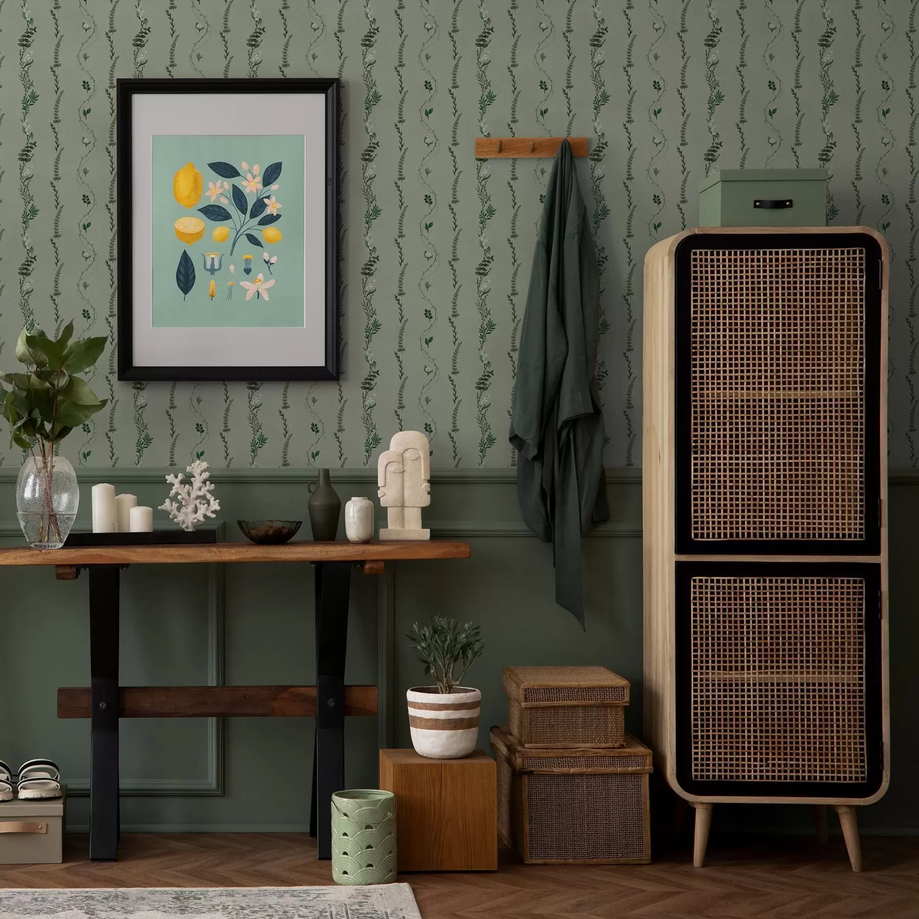 Fototapet Vertikala rankor och kvistar på dämpad grön färg a00817v1