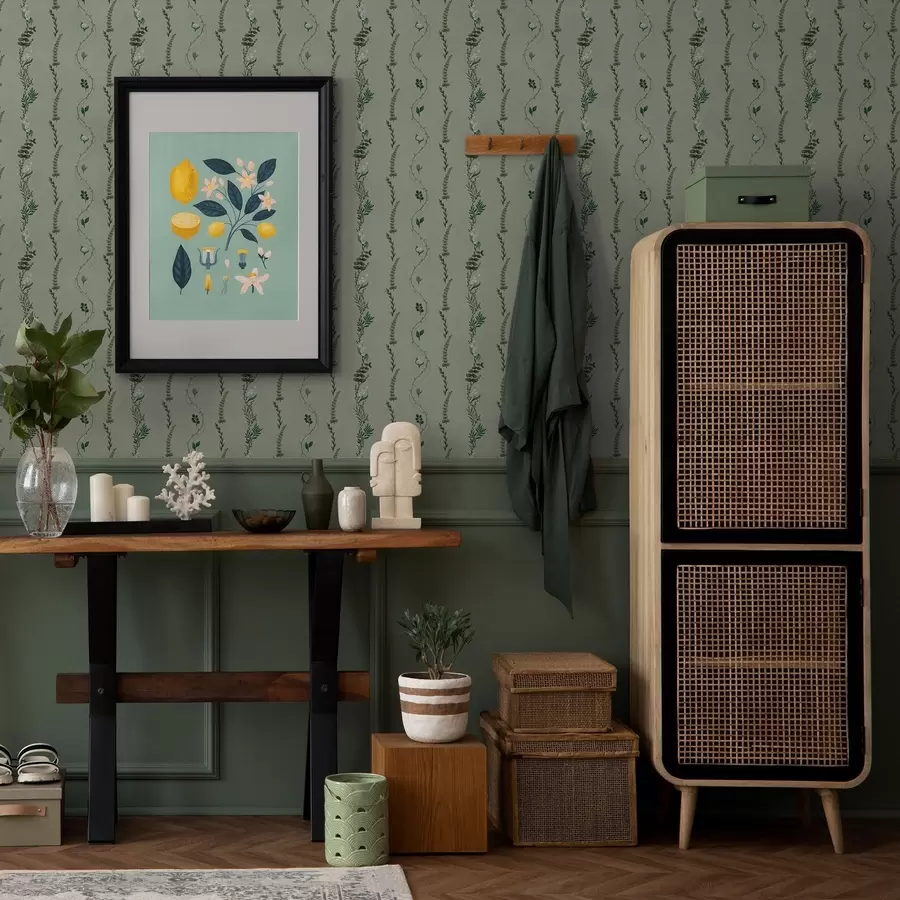 Fototapet Vertikala rankor och kvistar på dämpad grön färg a00817v1