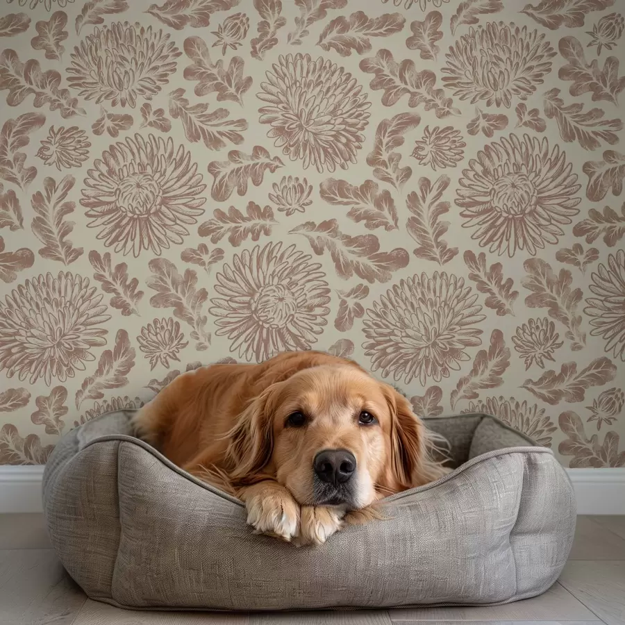 Fototapet Krysantemum och ekblad i mjuk beige-brun färg a00840