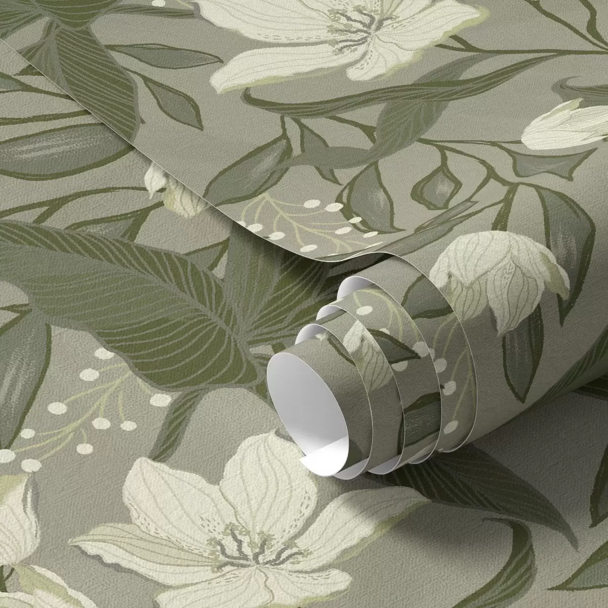 Bakgrund Blek lilja och bladverk på gråolivgrönt a00854