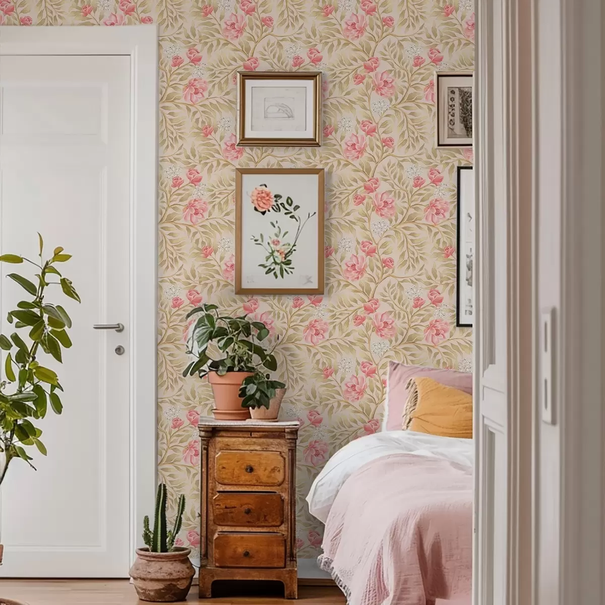 Bakgrund Rosa blommor, vita knoppar och ockrafärgat bladverk a00855