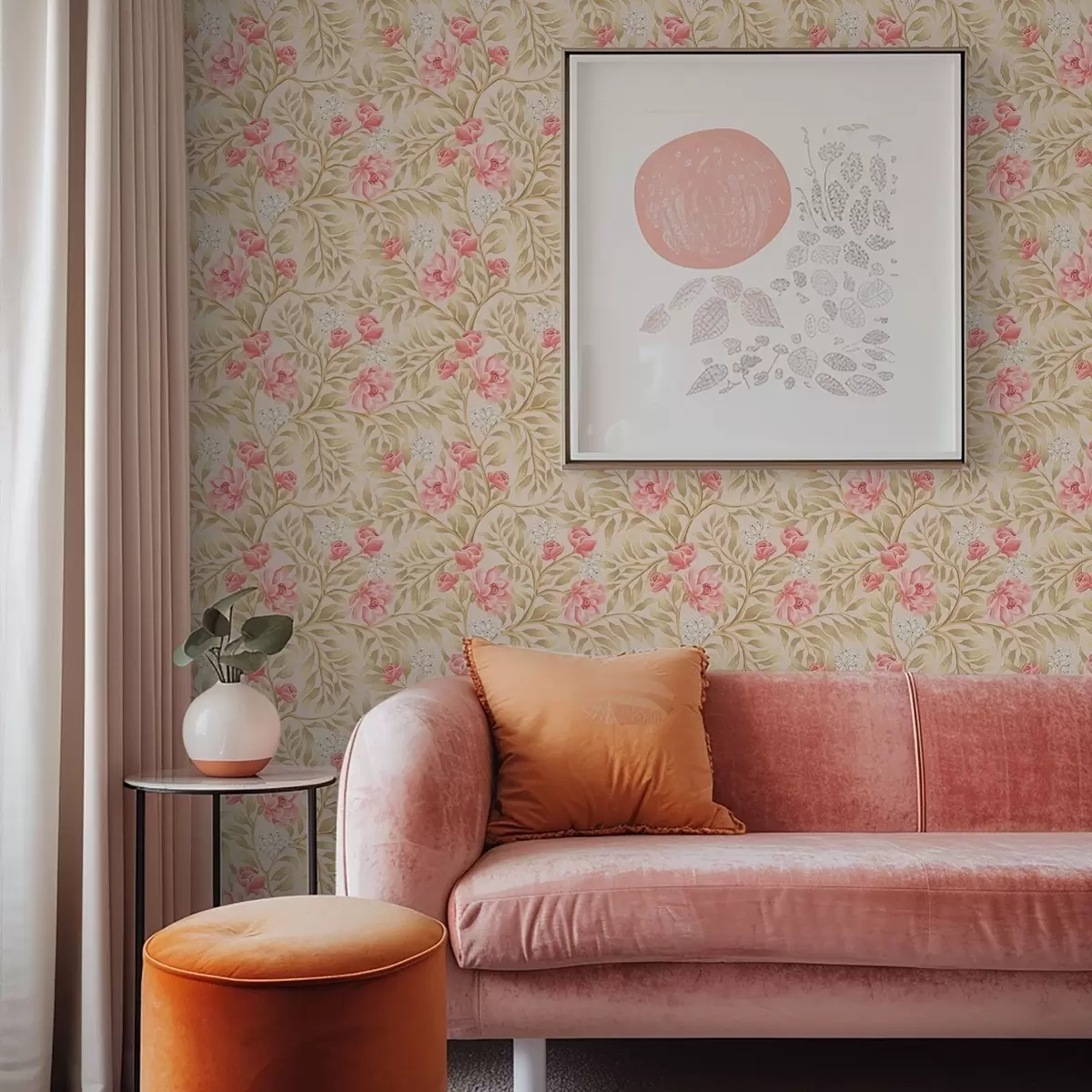 Bakgrund Rosa blommor, vita knoppar och ockrafärgat bladverk a00855