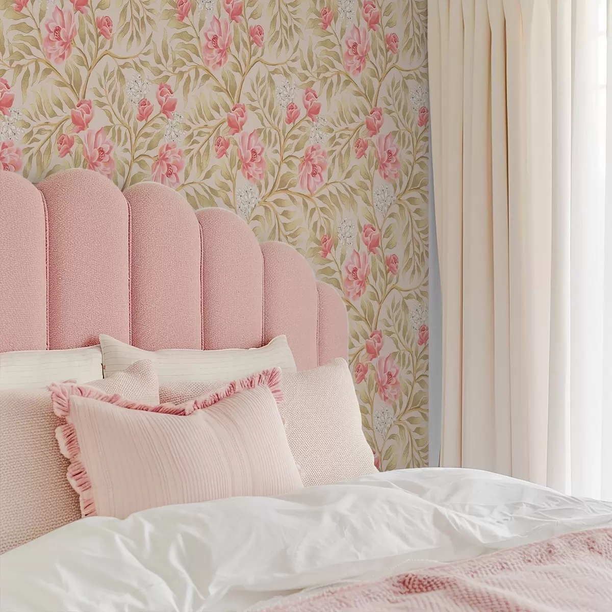 Bakgrund Rosa blommor, vita knoppar och ockrafärgat bladverk a00855