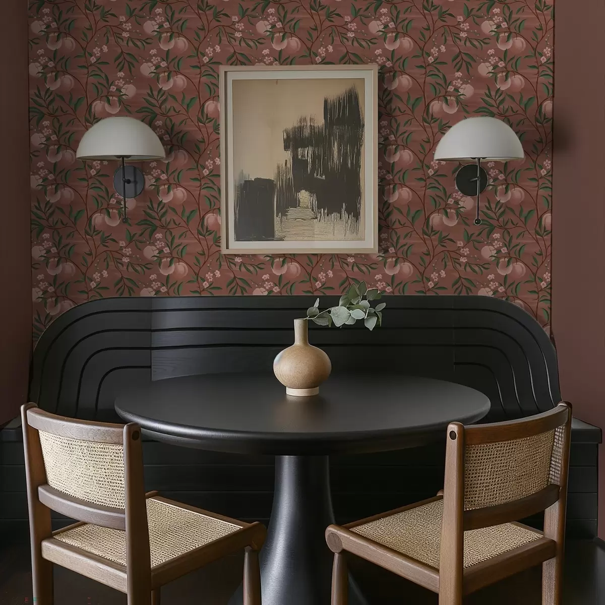 Bakgrund Persikor på grenar med rosa blommor, terrakottafärgad mark a00856