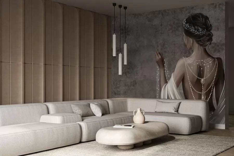 Fototapet Kvinna sedd bakifrån med pärlor, grå stenmönstrad bakgrund w04854