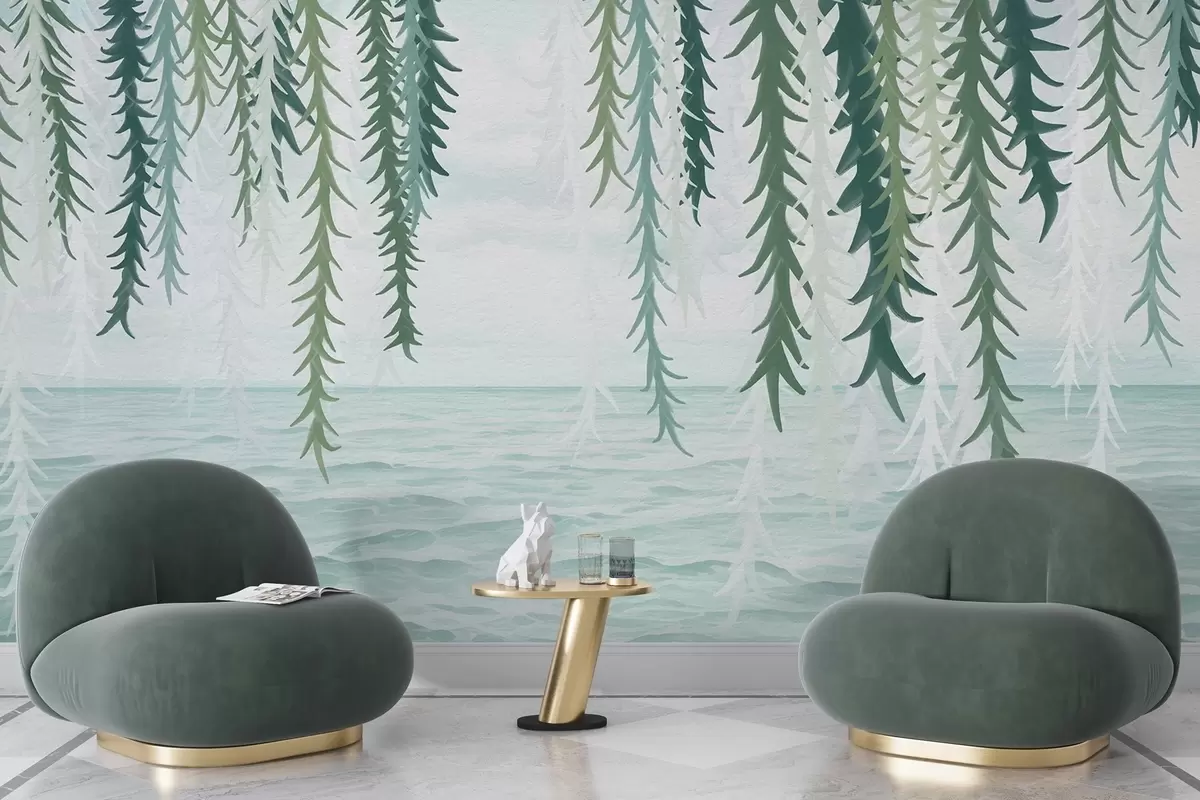 Fototapet Delikata vinstockar som hänger över vatten i akvarellstil w04830