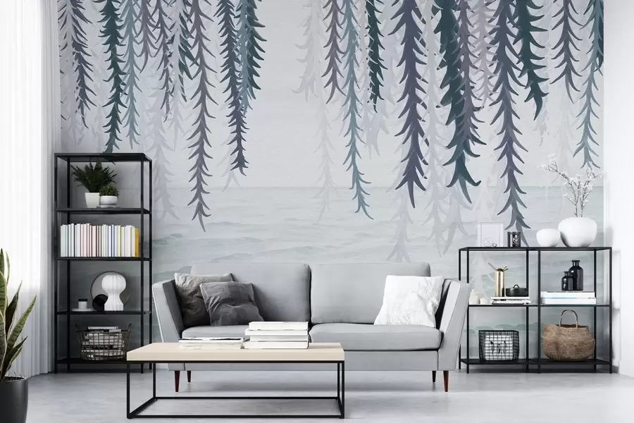 Fototapet Delikata vinstockar som hänger över vatten i akvarellstil w04830v3