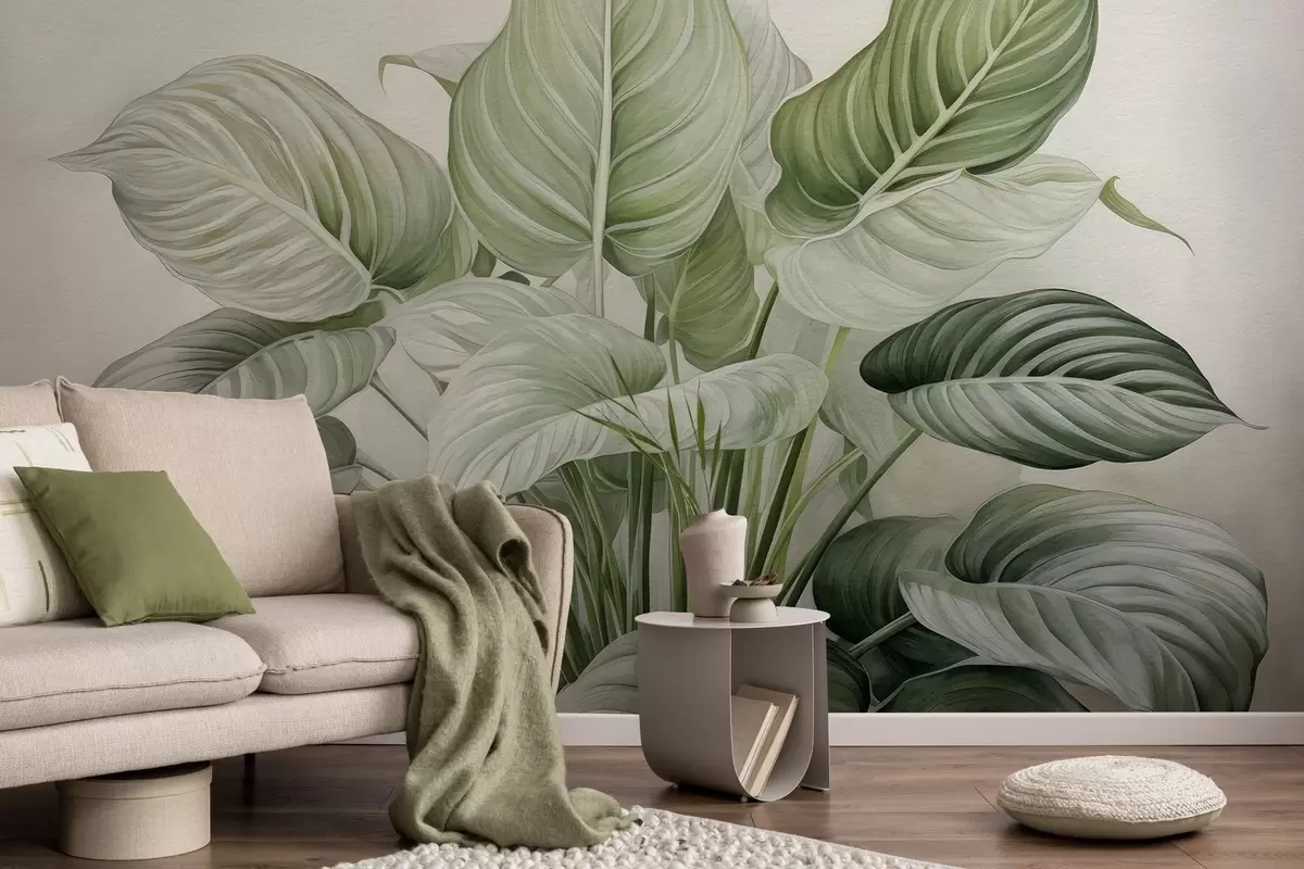 Fototapet Frodig buske med gröna blad på väggen w04835