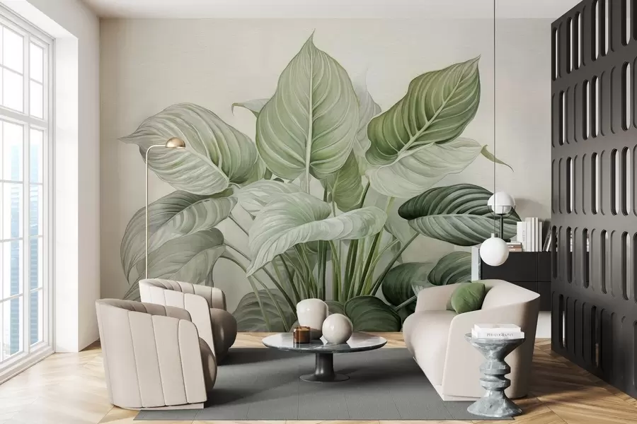 Fototapet Frodig buske med gröna blad på väggen w04835