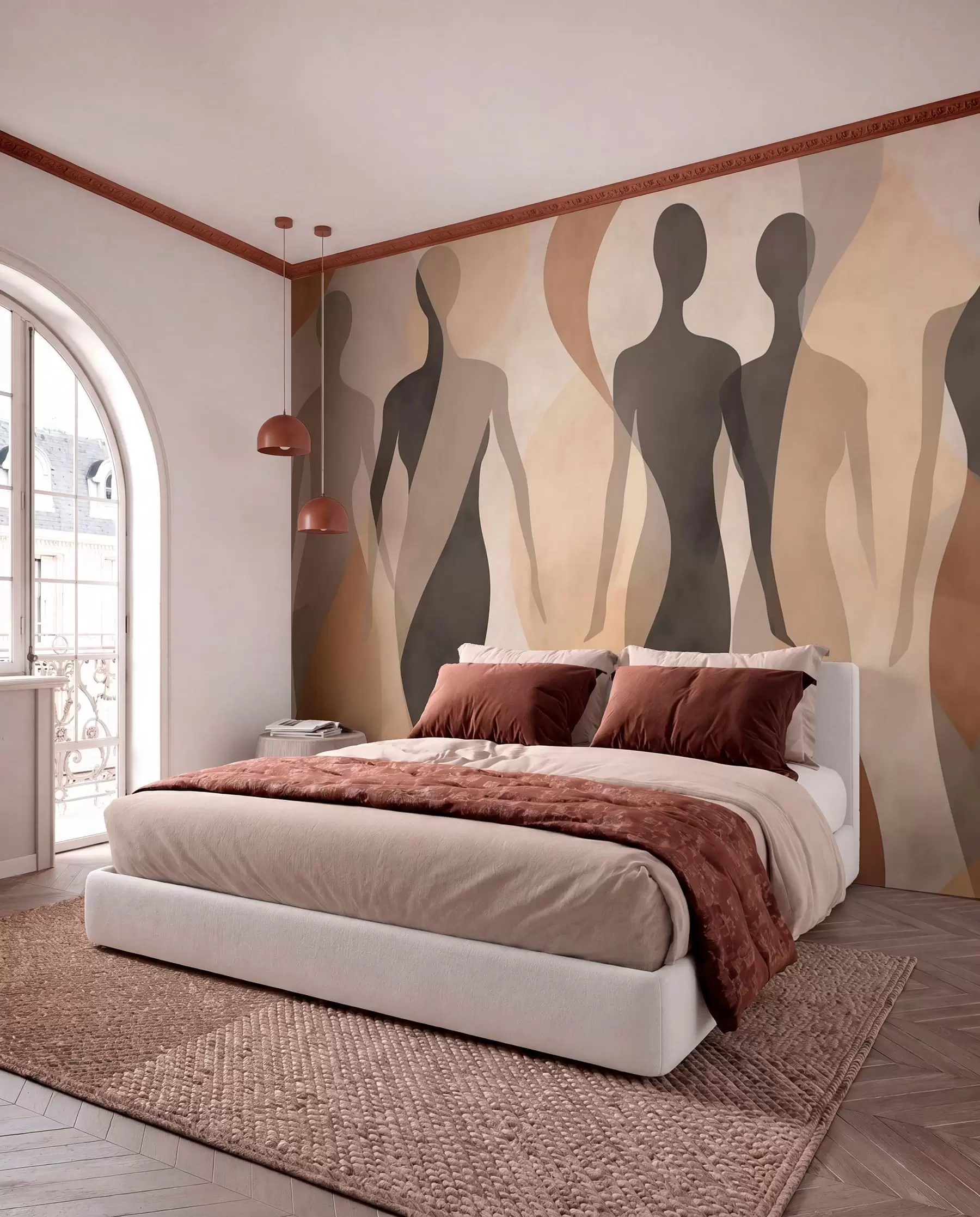 Fototapet Silhuettfigurer och mjuka vågor i varma beige-grå toner w04787