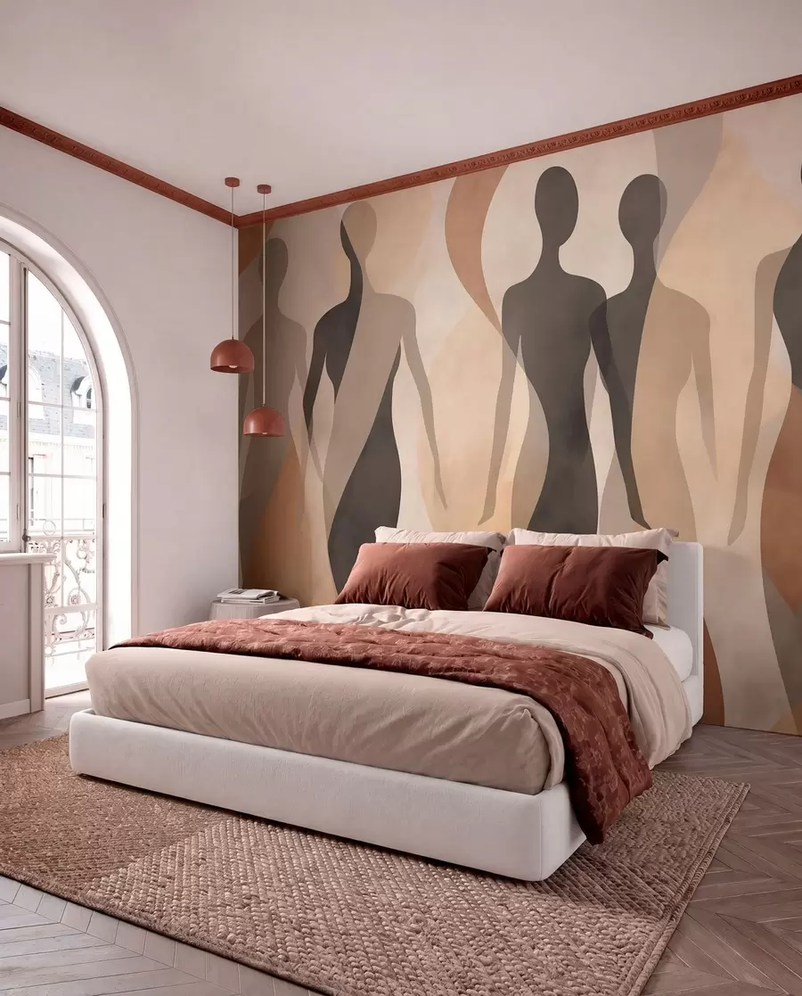 Fototapet Silhuettfigurer och mjuka vågor i varma beige-grå toner w04787