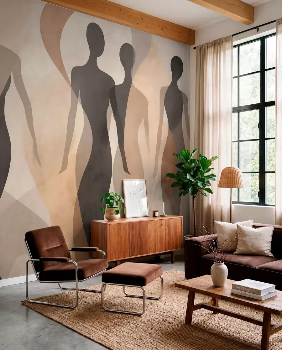 Fototapet Silhuettfigurer och mjuka vågor i varma beige-grå toner w04787