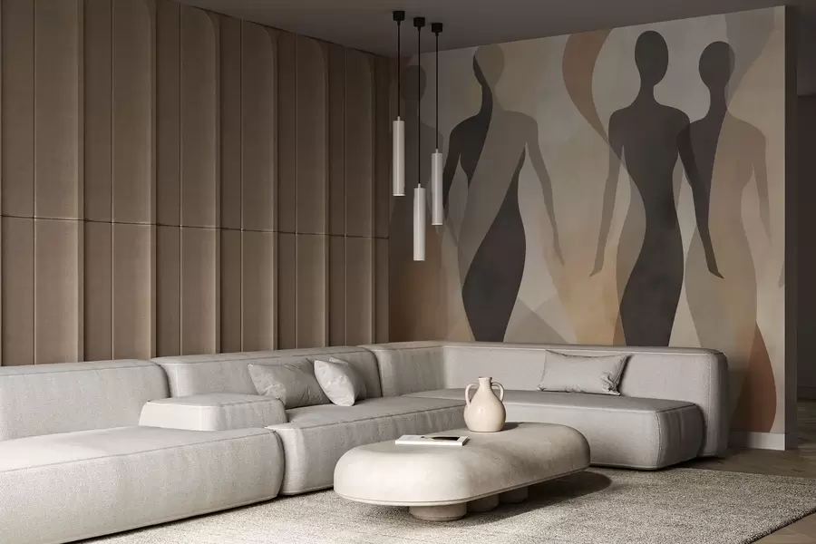 Fototapet Silhuettfigurer och mjuka vågor i varma beige-grå toner w04787