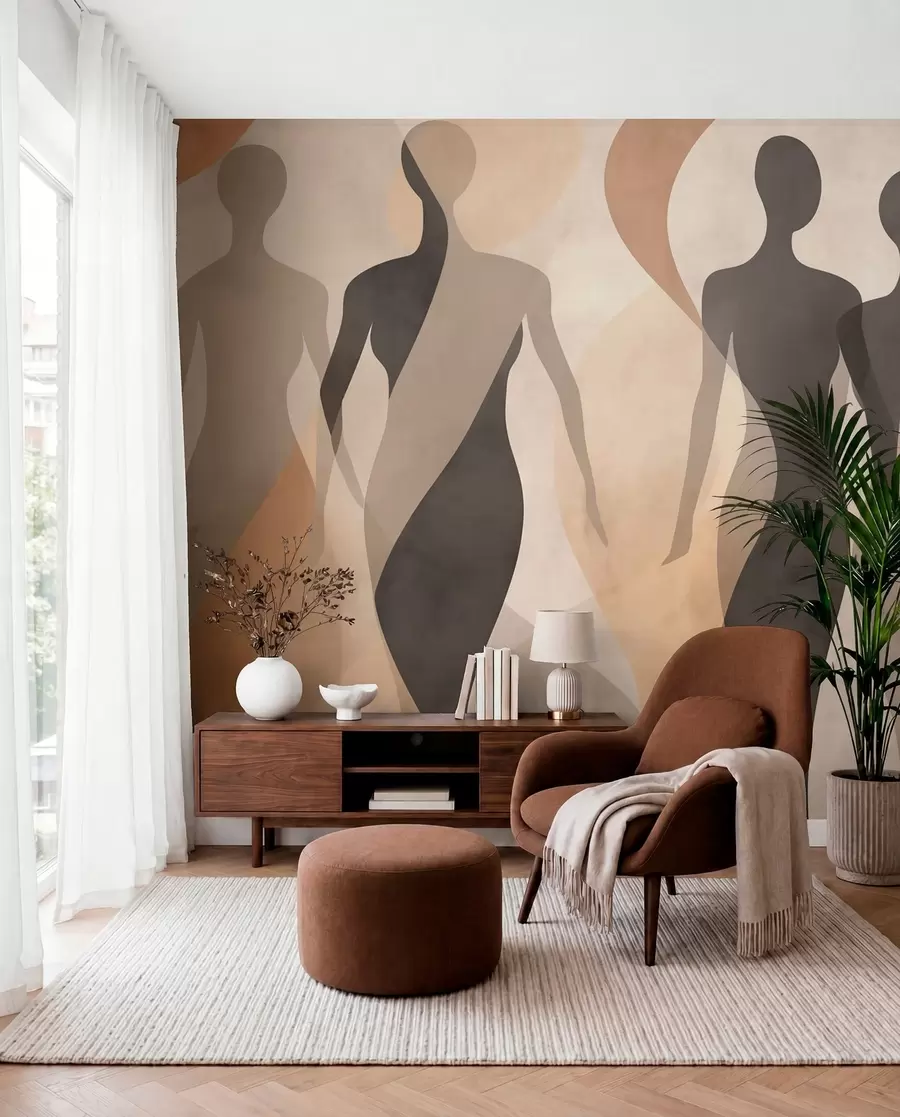 Fototapet Silhuettfigurer och mjuka vågor i varma beige-grå toner w04787