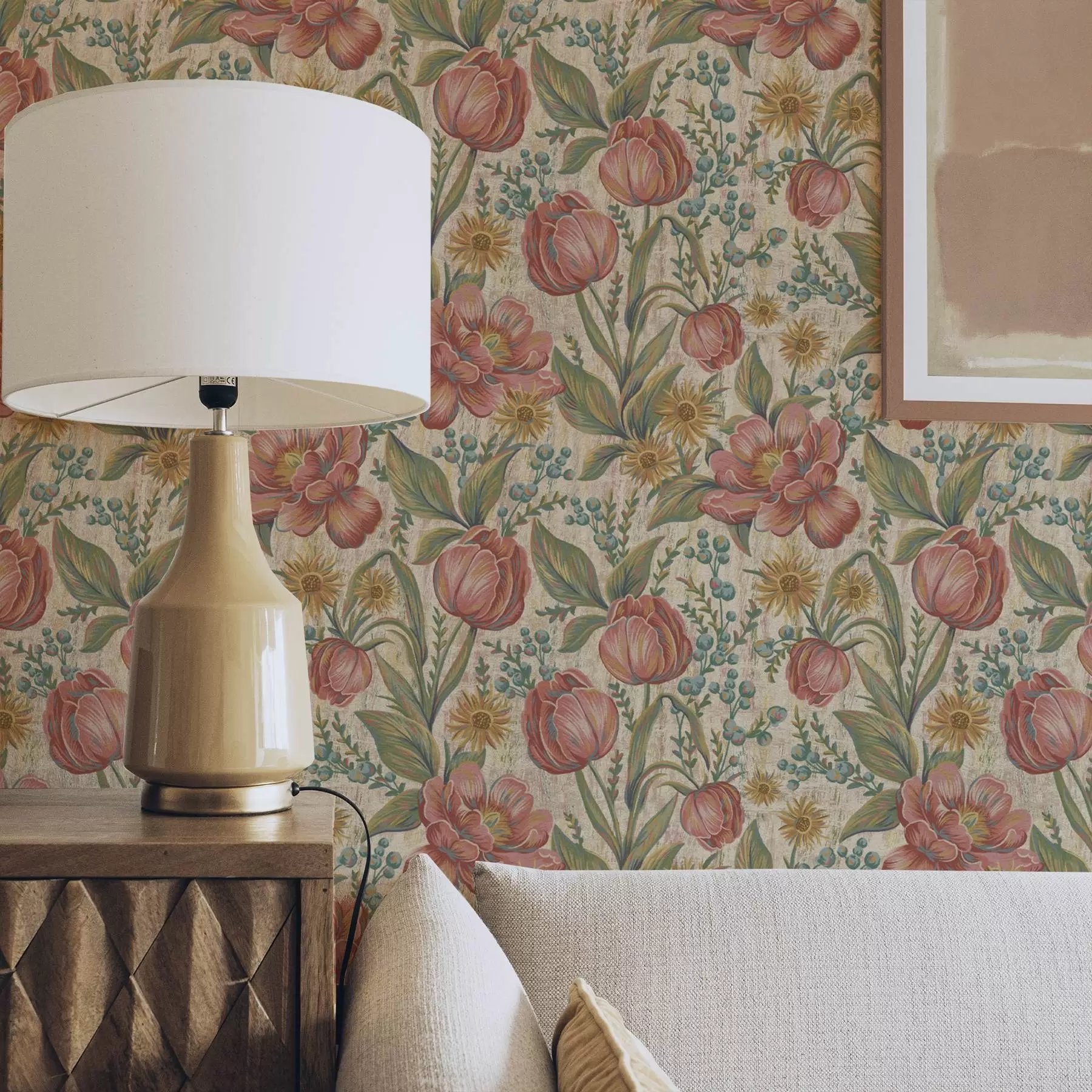 Fototapet Vintage tulpaner och asters, strukturerad krämfärgad bakgrund a00773