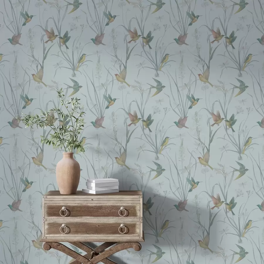 Fototapet Fåglar bland ängsgräs på gråblå mark a00776