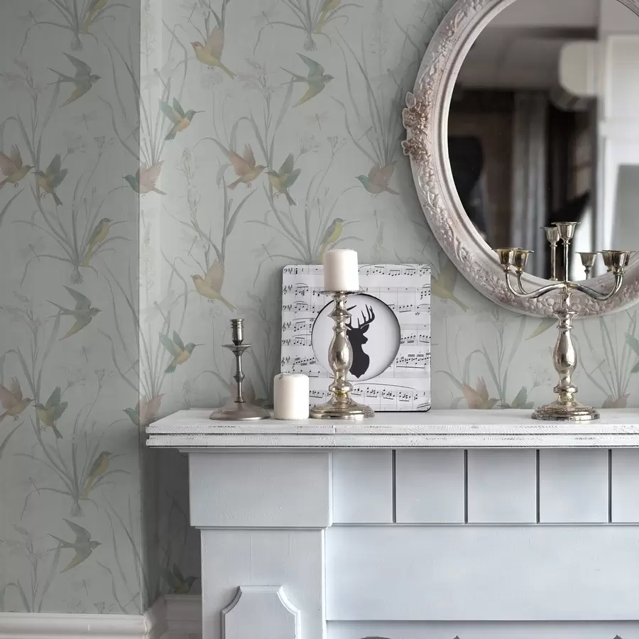 Fototapet Fåglar bland ängsgräs på ljusgrå mark a00776v1