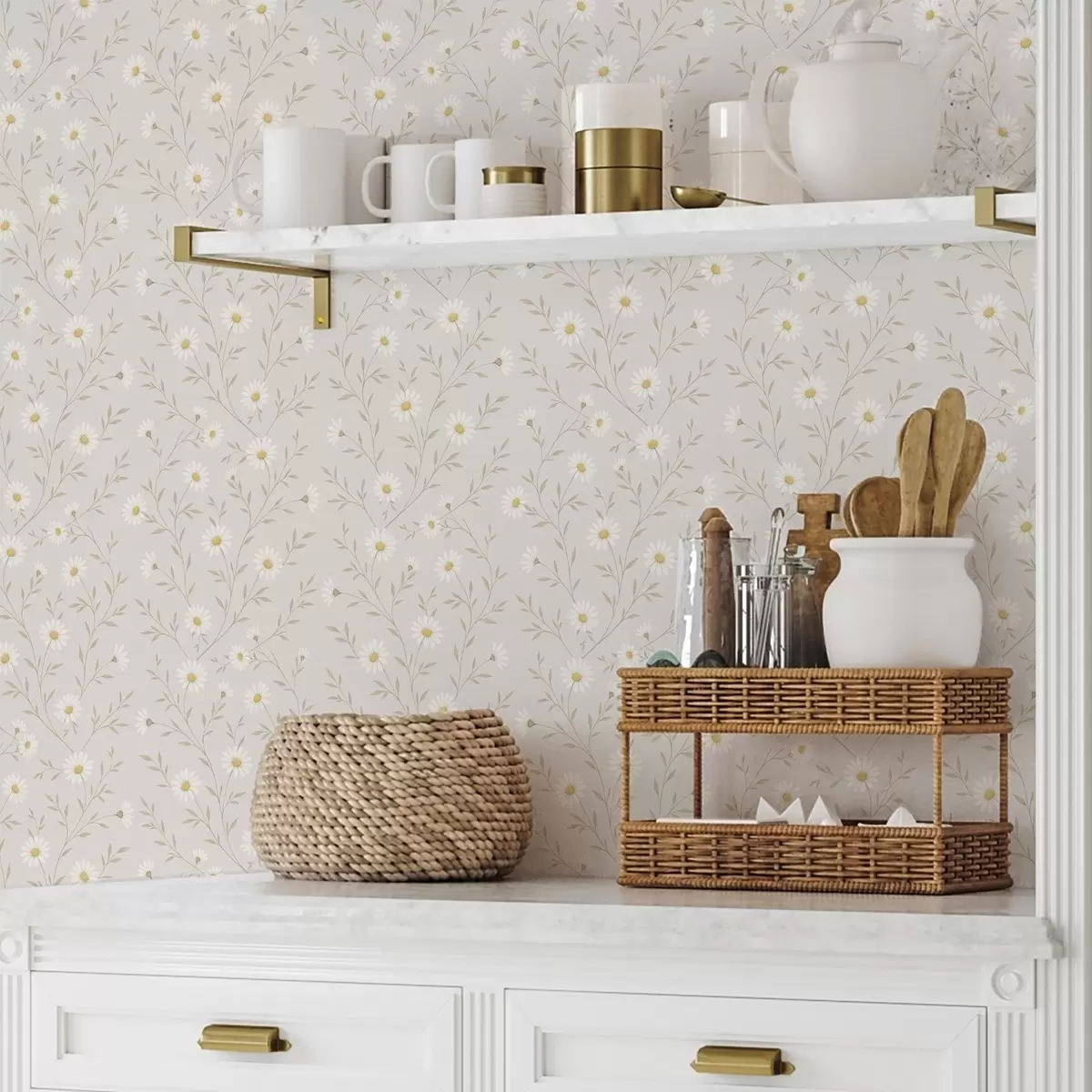 Bakgrund Små prästkragar på kvistar, varm beige a00777