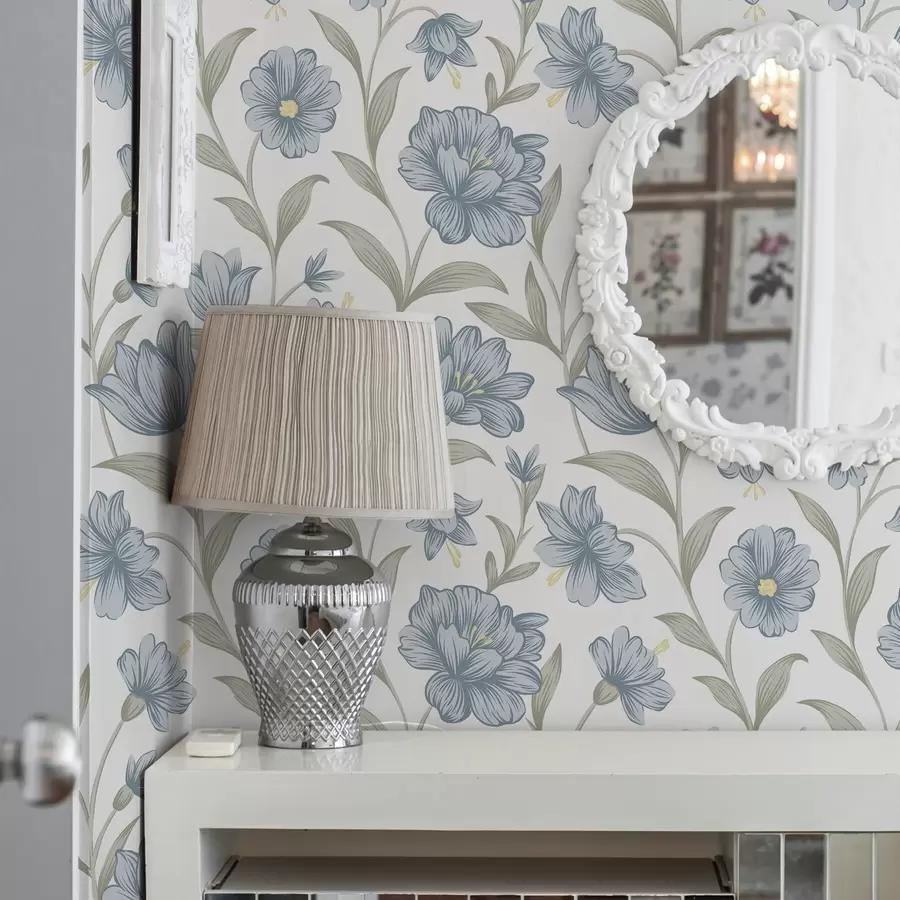 Fototapet Dammiga blå blommor med olivblad på vitt a00780