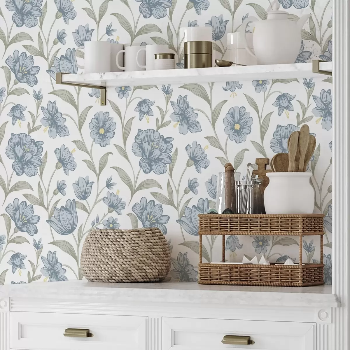 Bakgrund Dammiga blå blommor med olivblad på vitt a00780