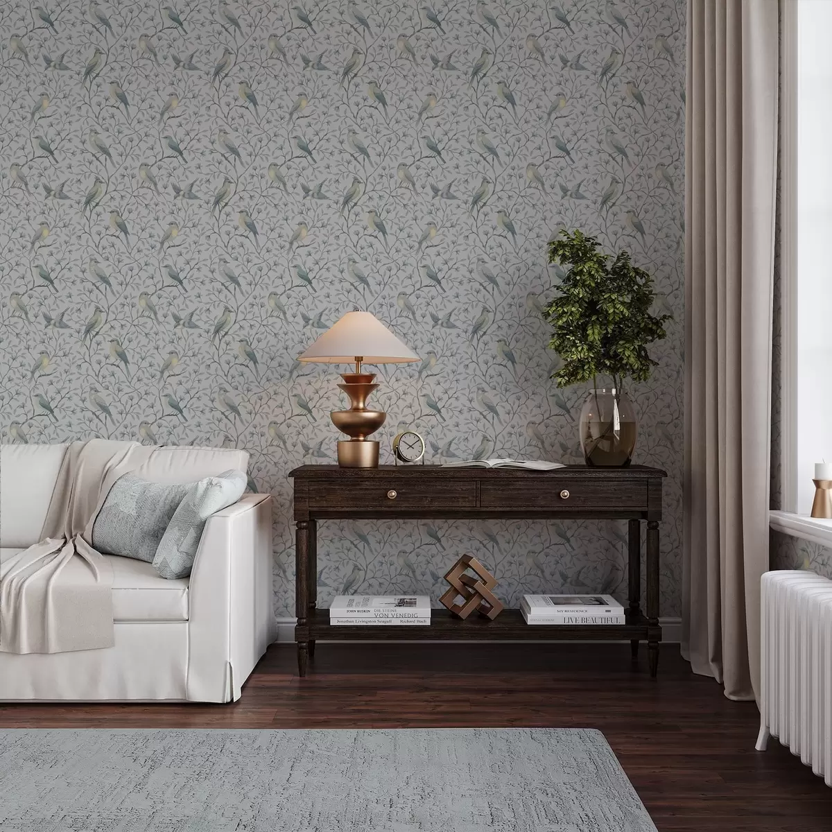 Bakgrund Fåglar på grenar, gråblå färgskala a00782