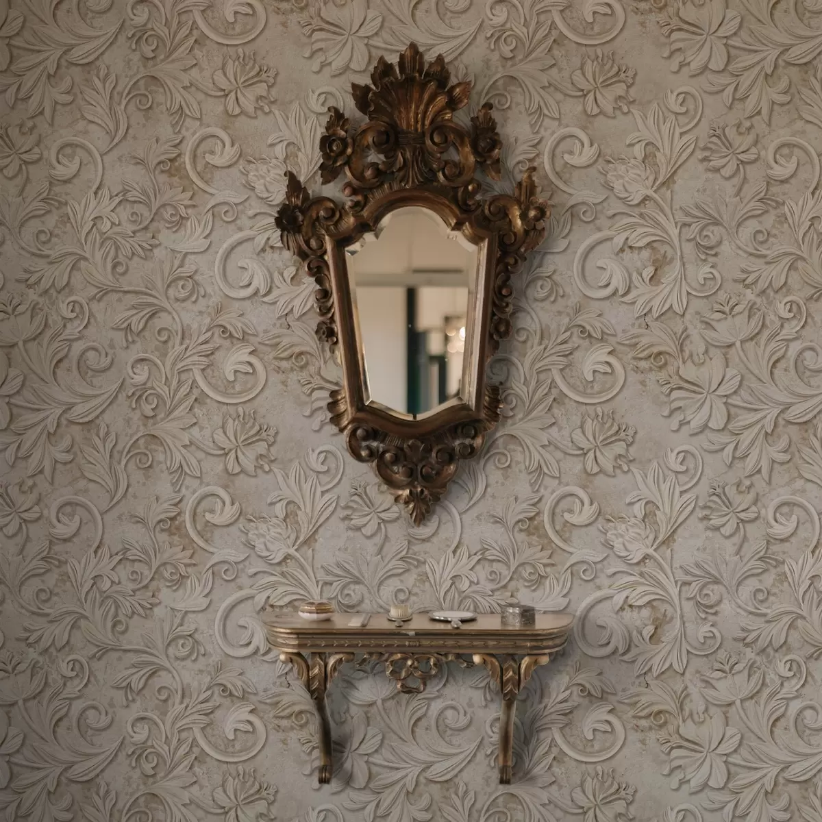 Bakgrund Stenrelief med blommiga snirklar, vintagebeige a00784