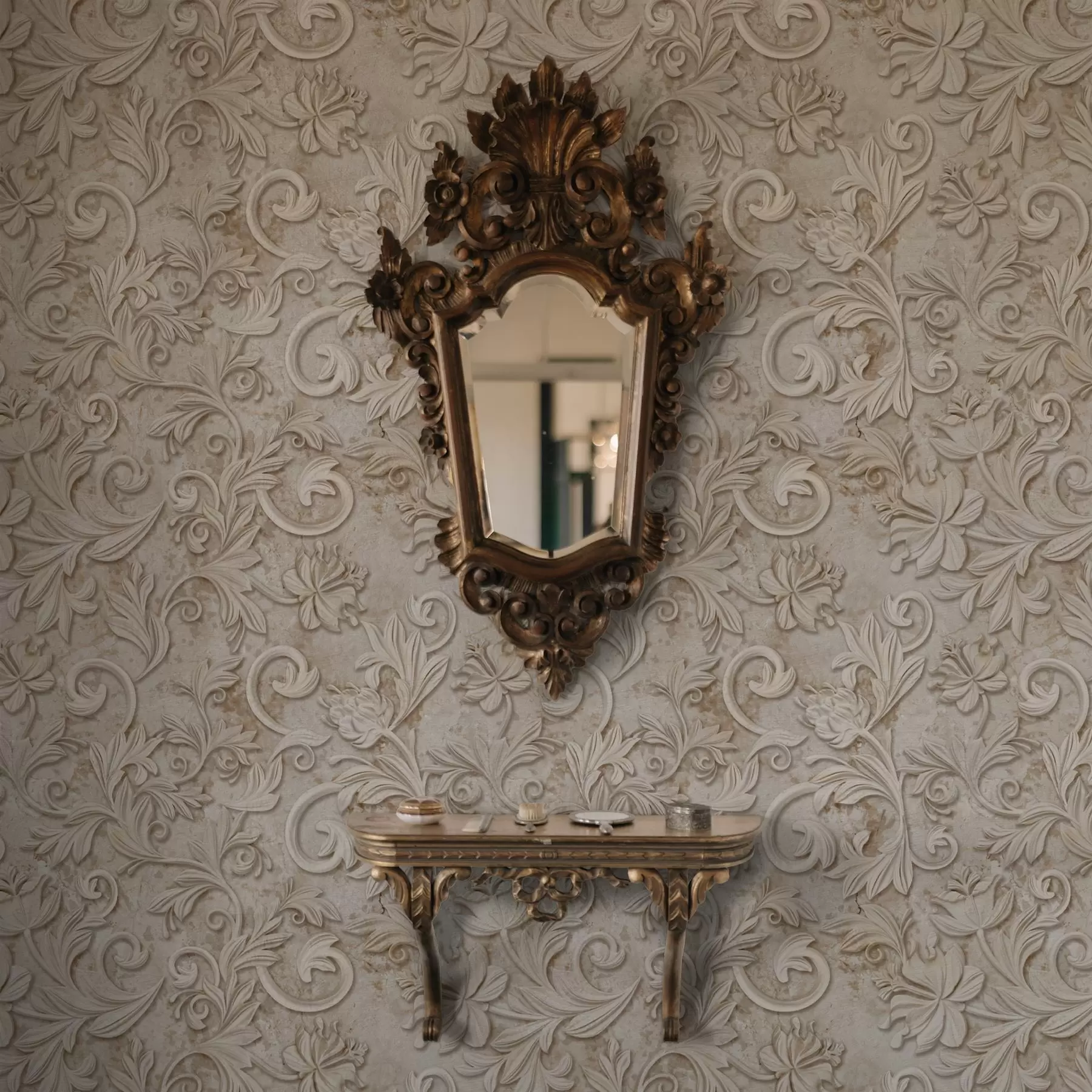 Fototapet Stenrelief med blommiga snirklar, vintagebeige a00784